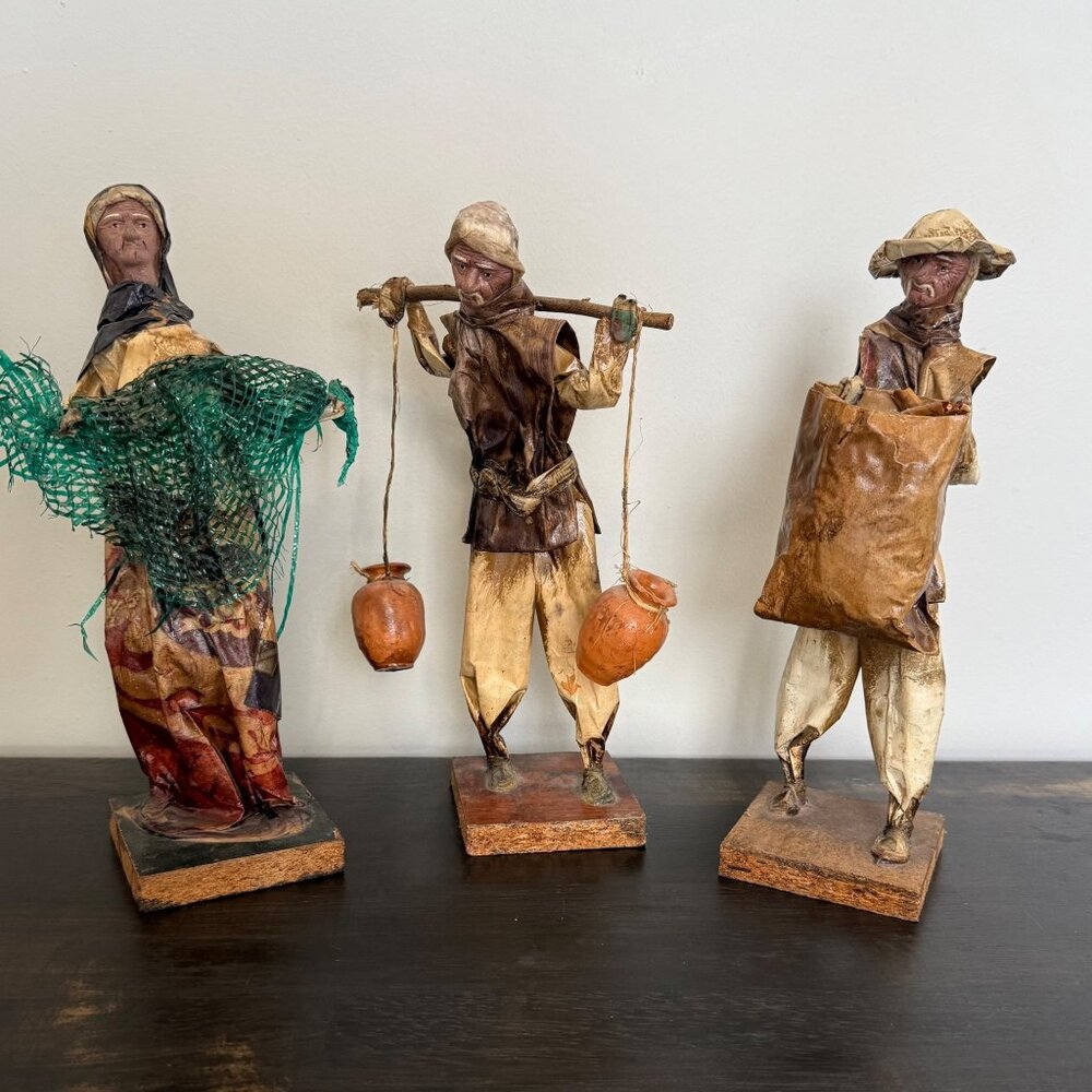 3 Vintage Handcrafted Paper Mache Mexican‎ Statues Art Figurines Folk Art